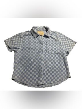 Araminta James Terry Shirt Retro Check Short Sleeve Button Down Top Small Blue